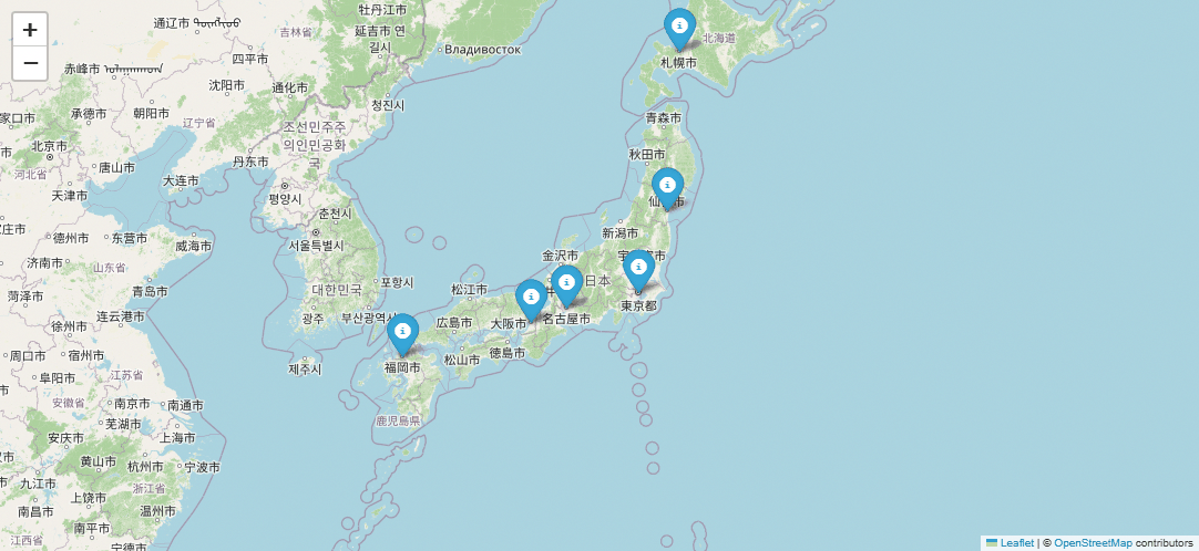 foliumの基本地図とマーカーの実行結果