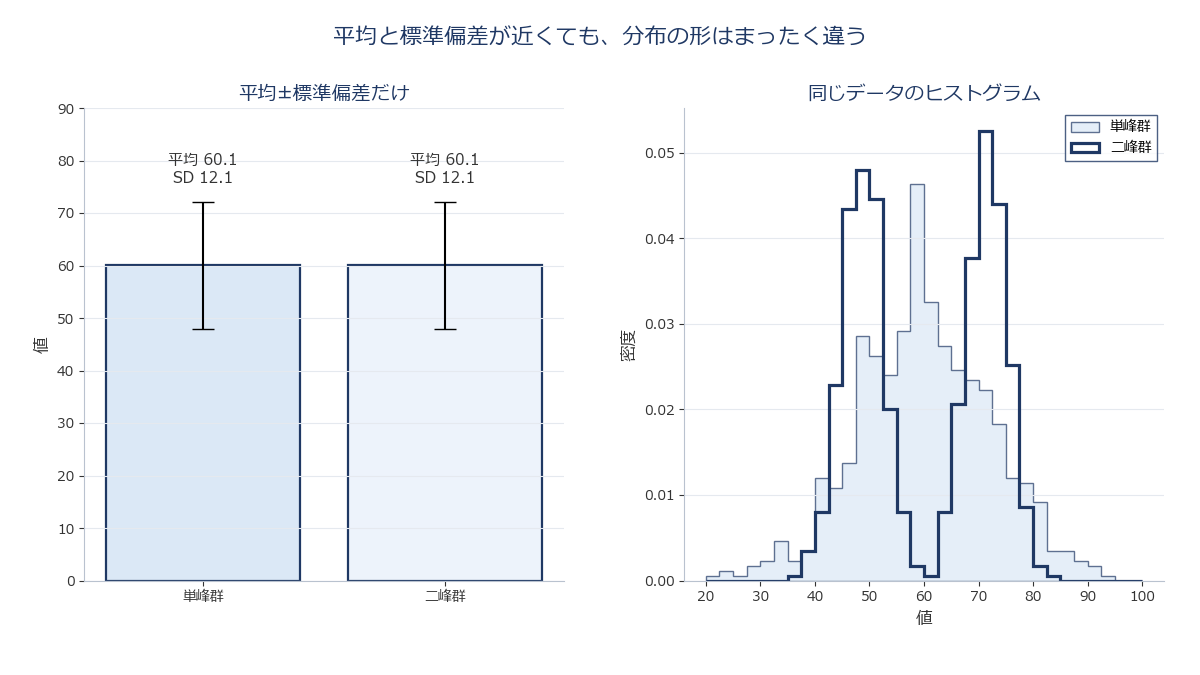 平均±標準偏差の範囲だけを示した棒グラフと、同じデータのヒストグラムを並べ、後者でしか見えない多峰性・歪みを対比させる図