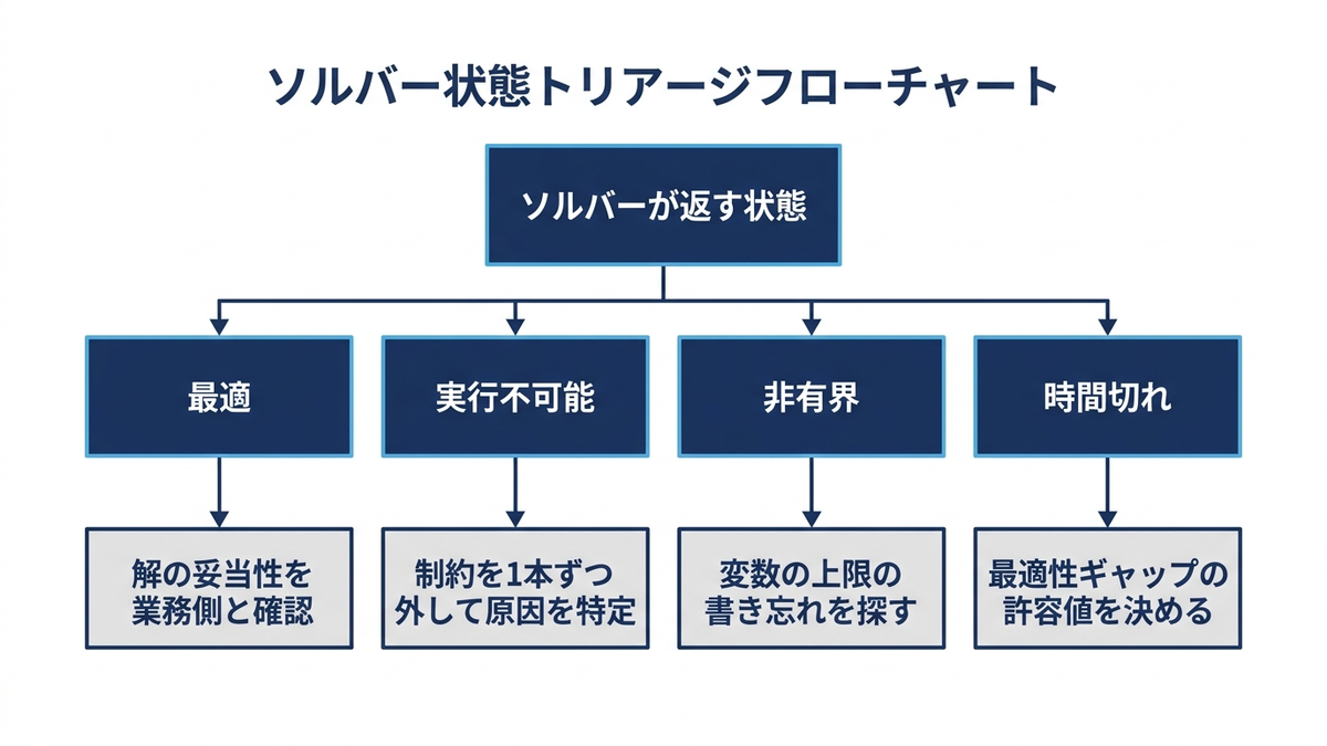 ソルバーが返す状態を最適・実行不可能・非有界・時間切れの4つに分け、それぞれから確認すべき項目へ矢印を伸ばした切り分けフローの図