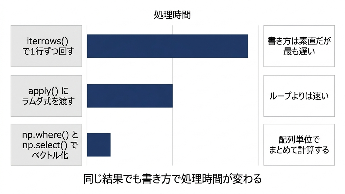 iterrows・apply・ベクトル化の処理時間の違いを並べた図