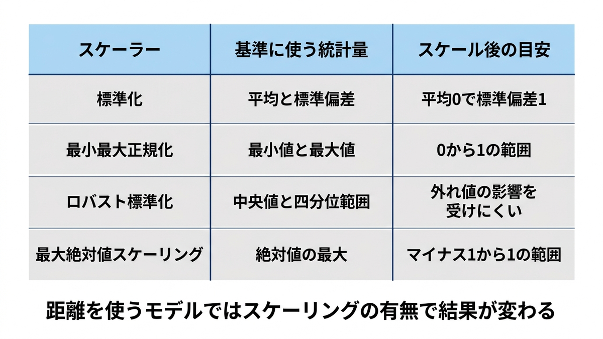 4種類のスケーラーが基準に使う統計量と、変換後の目安