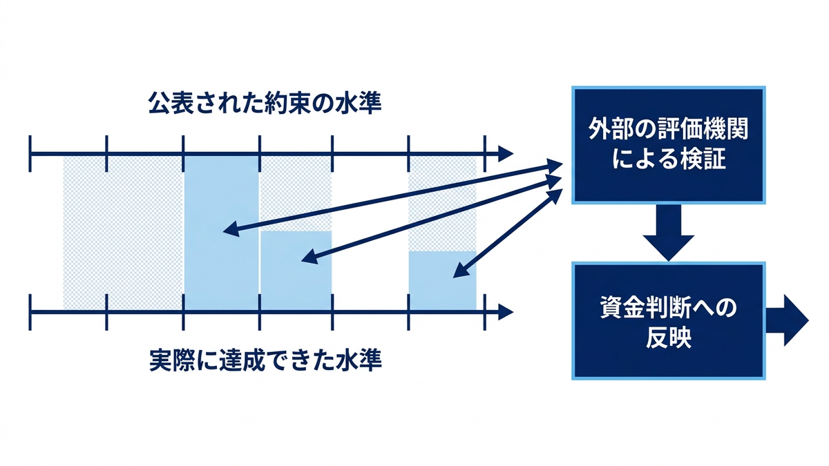 公表された約束の水準と実際に達成できた水準の差が、外部の評価機関による検証を経て資金判断へ反映される経路を示した図