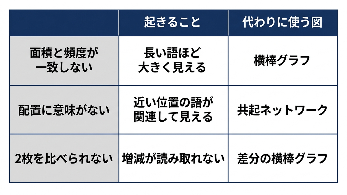 ワードクラウドの3つの限界と、代わりに使う図の対応を整理した表