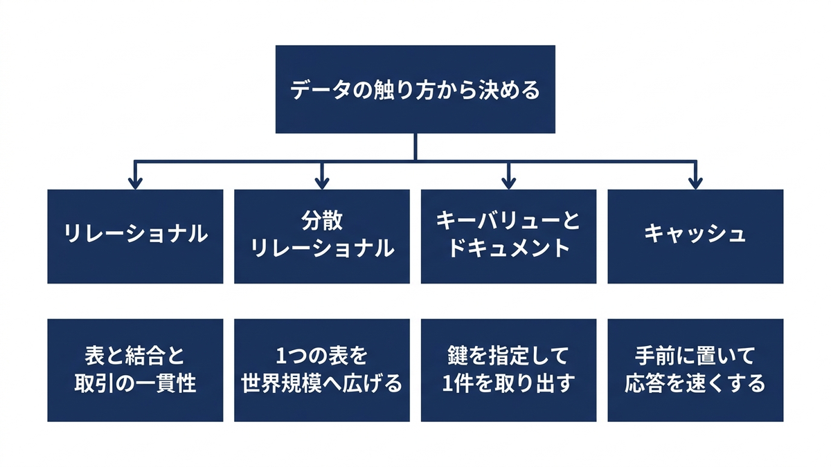 データベースの4つの系統と、選び分けの分岐を示した図