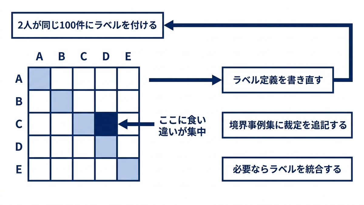 ラベルの一致率を食い違い行列で測り、ラベル定義の修正へつなげる循環を示した概念図