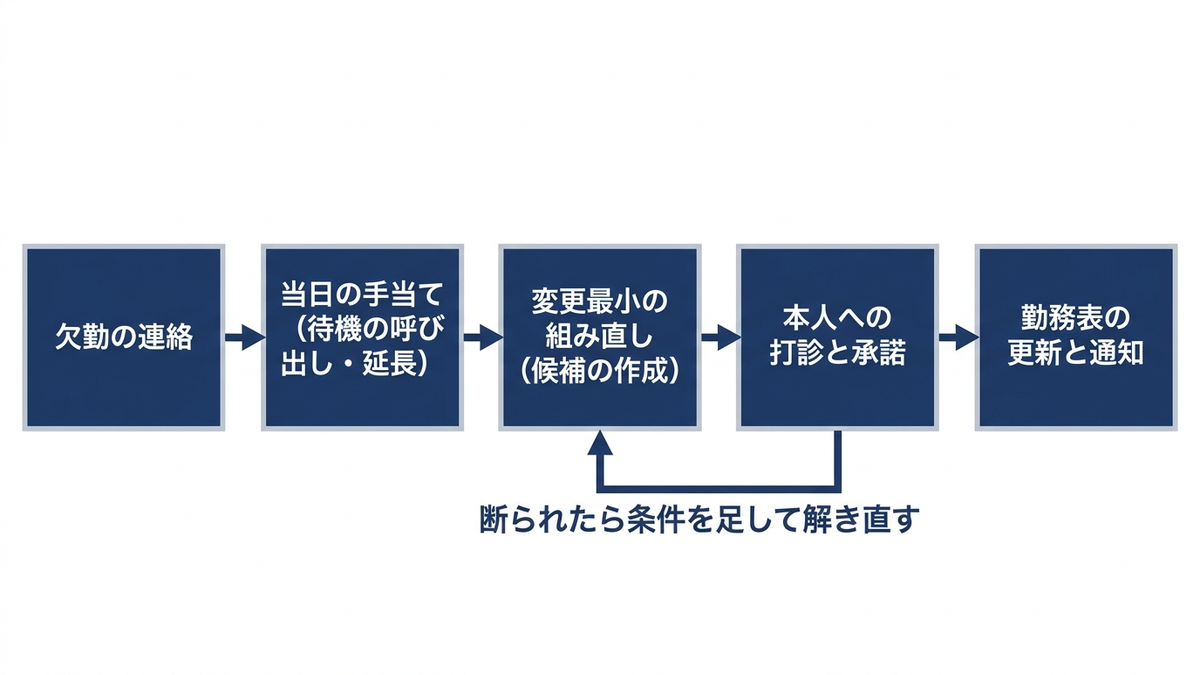 当日の欠勤から勤務表の更新までの流れの図