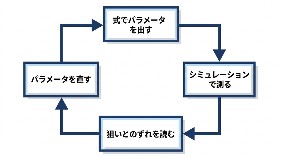 「式で決めて、シミュレーションで確かめる」の往復の図