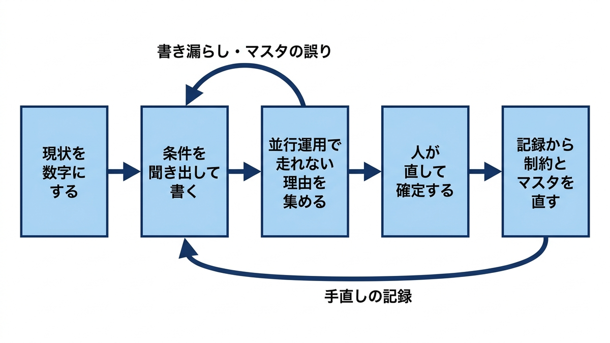 配車の最適化を現場に導入する順序の図