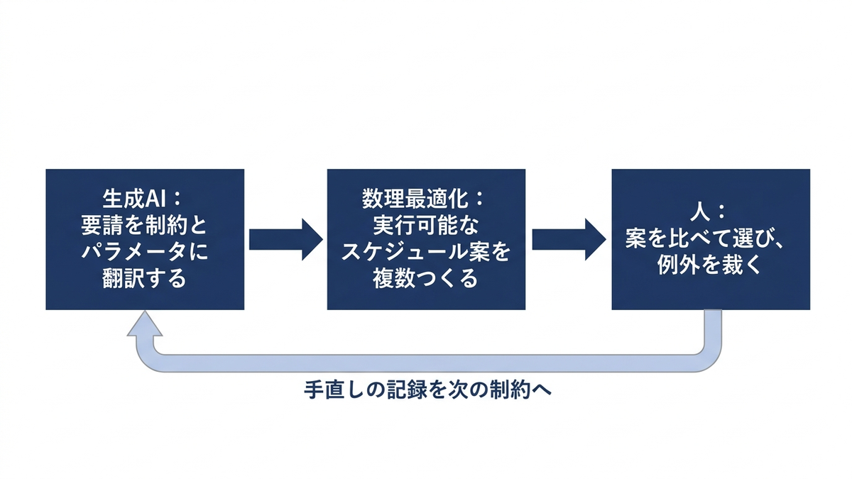 生成AI・数理最適化・人の役割分担の図
