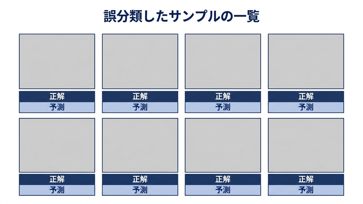 誤分類したサンプルを、正解ラベルと予測ラベルを添えて格子状に並べた一覧の概念図