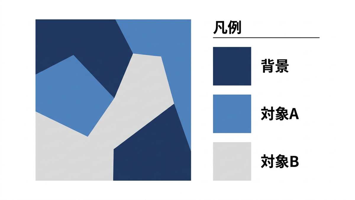 複数のクラスを色分けした領域分割の結果と、その凡例の概念図