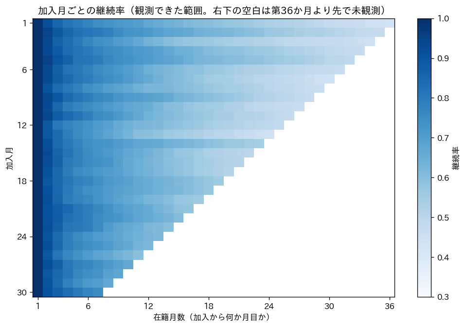 加入月ごとの継続率の三角形のヒートマップ。縦軸は加入月（第1〜30か月、上が第1か月）、横軸は在籍月数（1〜36か月）。各マスの色は継続率で、濃いネイビーが1.0、白に近い薄い青が0.3。右側のカラーバーが凡例。どの行も左端の在籍1か月目が最も濃く、右へ行くほど薄くなる。右下は観測の終わり（第36か月）より先なので空白になり、全体は右下が欠けた三角形になる。第1か月加入の行は在籍36か月目まで、第30か月加入の行は在籍7か月目までで終わる